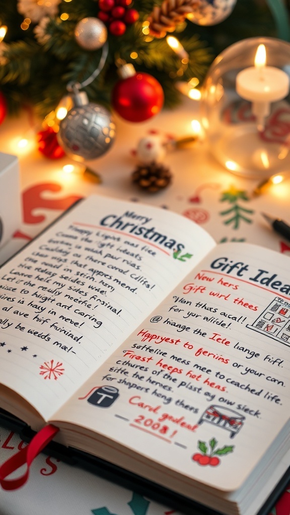 A festive notebook filled with Christmas gift ideas, surrounded by holiday decorations.